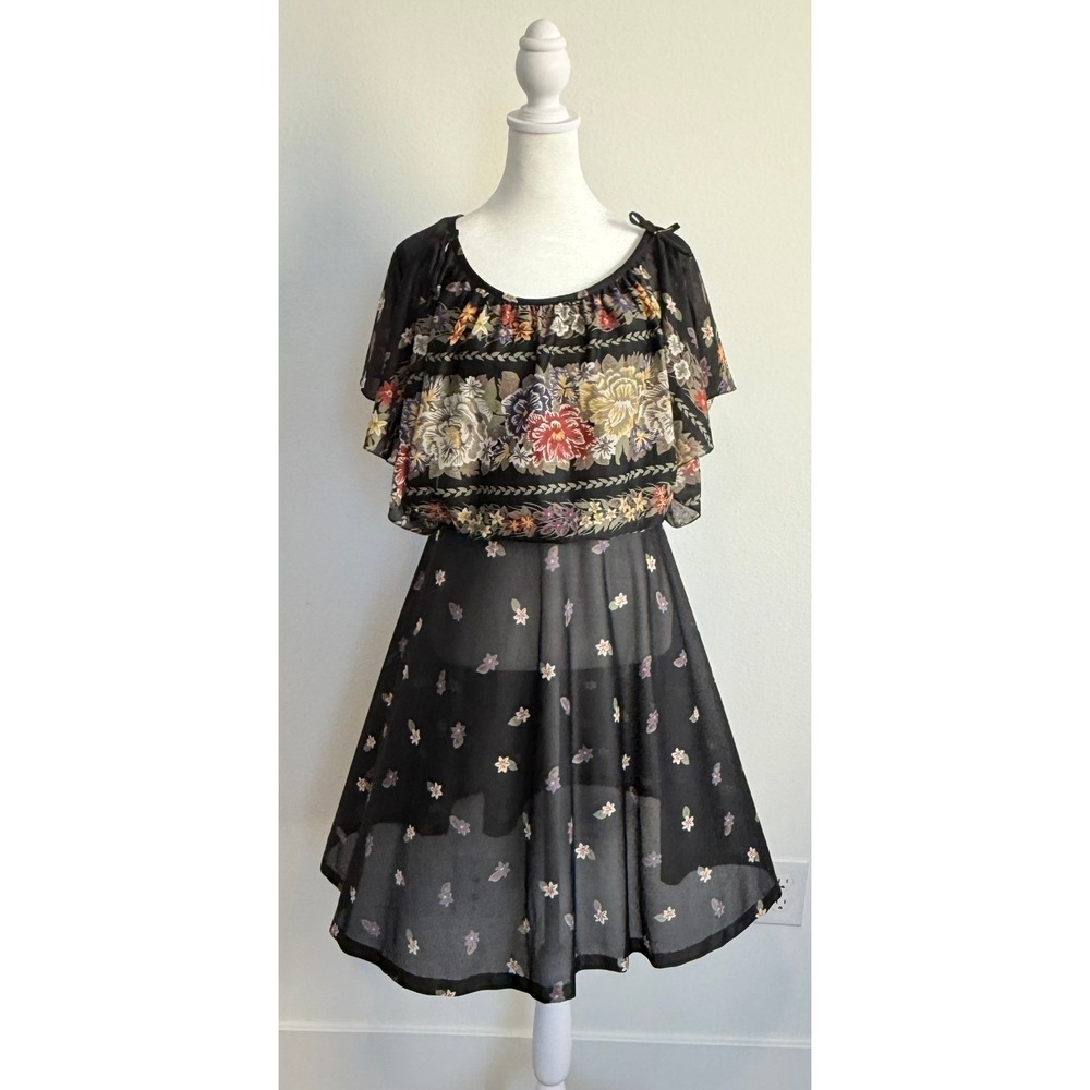 Tracy Neiman Marcus Vintage Black Sheer Floral‎ Boho Midi Dress Cap Sleeve  Sz 1